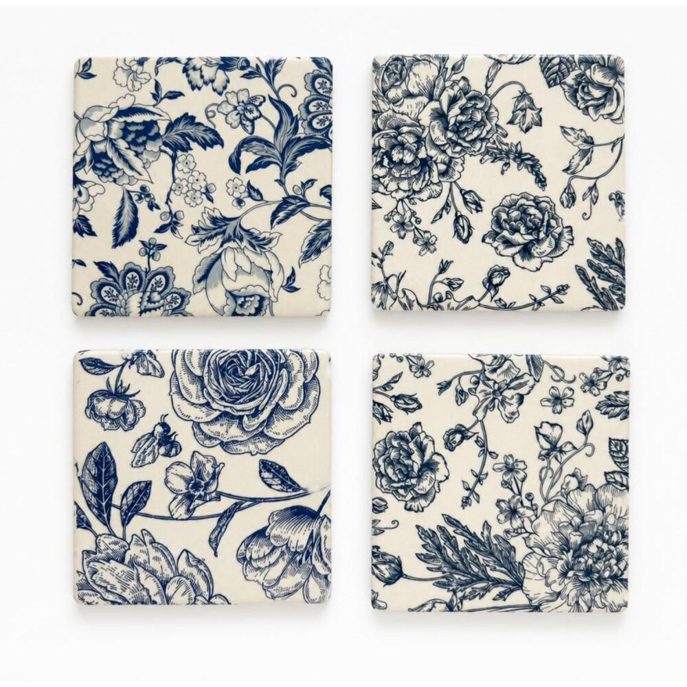 Chinoiserie Floral Ceramic Coasters Set of 4 | Vintage Tile Coasters - Picture 3 of 5